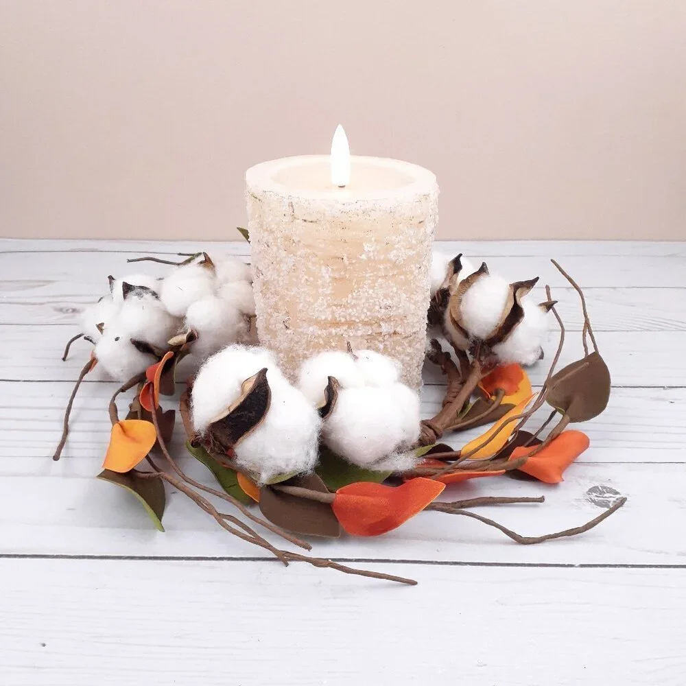 Fall Candle Ring Cotton Leaves 4 in Inside 9.5 in Overall